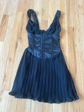 Black Pleated Satin Outcast Lace-Up Back Dress
